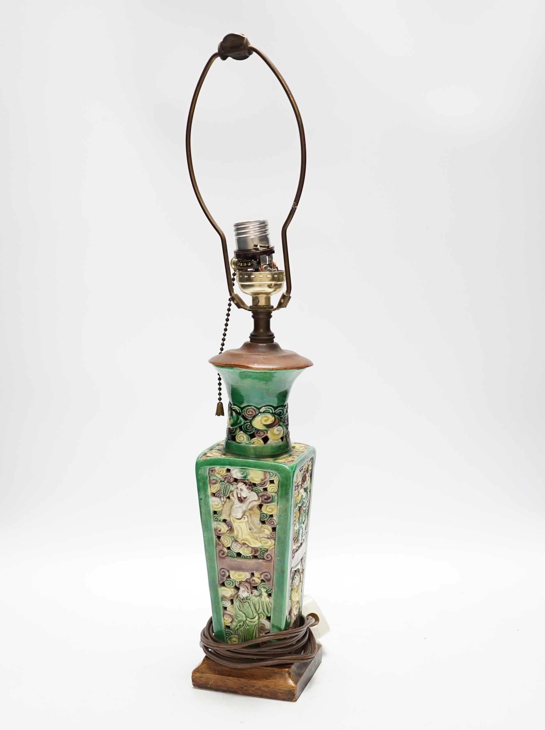 A Chinese sancai glazed square vase, early 20th century, mounted as a lamp, vase 23cm excluding fittings